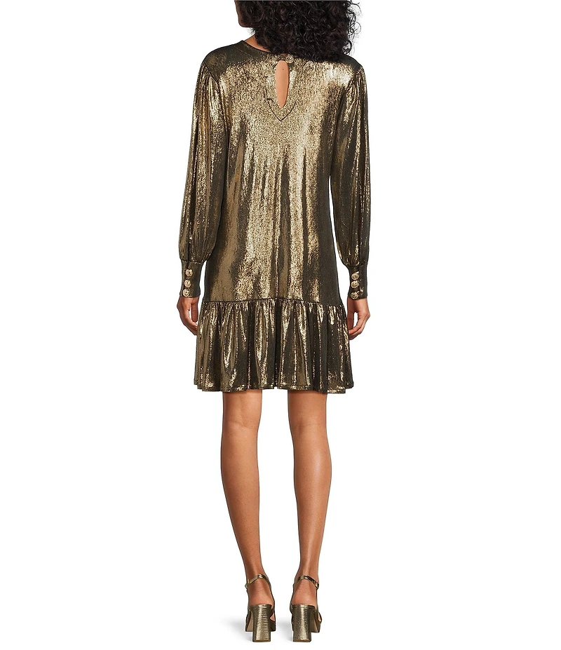 Eva Varro Gold Lame Crew Neck Long Sleeve Button Cuff Dress