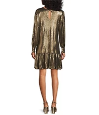 Eva Varro Gold Lame Crew Neck Long Sleeve Button Cuff Dress