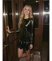 Eva Varro Gold Lame Crew Neck Long Sleeve Button Cuff Dress