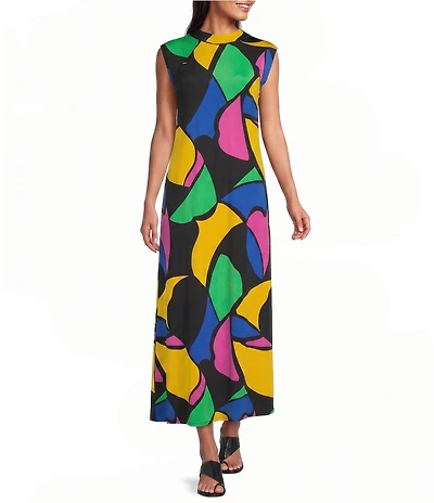 Eva Varro Knit Abstract Multi-Color Print Crew Neck Sleeveless Tie Back Neck Column Midi Dress