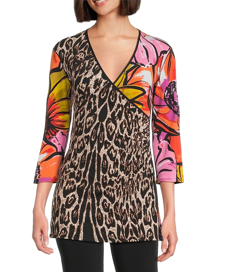 Eva Varro Knit Animal Tropical Print V-Neck 3/4 Sleeve Fold Over Tunic