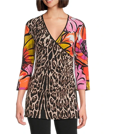 Eva Varro Knit Animal Tropical Print V-Neck 3/4 Sleeve Fold Over Tunic