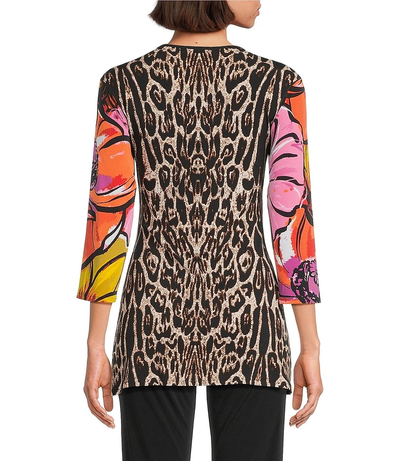 Eva Varro Knit Animal Tropical Print V-Neck 3/4 Sleeve Fold Over Tunic