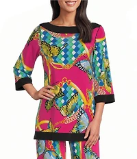Eva Varro Knit Jersey Butterflies & Ornamental Shapes Print Boat Neck 3/4 Sleeve Framed Tunic