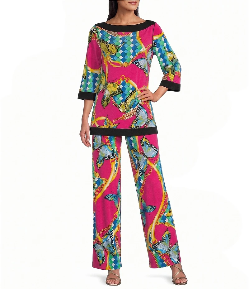 Eva Varro Knit Jersey Butterflies & Ornamental Shapes Print Boat Neck 3/4 Sleeve Framed Tunic