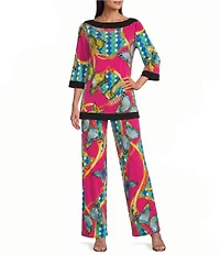 Eva Varro Knit Jersey Butterflies & Ornamental Shapes Print Boat Neck 3/4 Sleeve Framed Tunic
