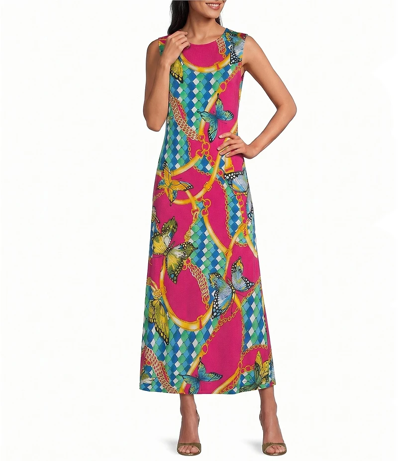 Eva Varro Knit Jersey Butterflies Ornamental Shapes Print Round Neck Sleeveless A-Line Maxi Dress