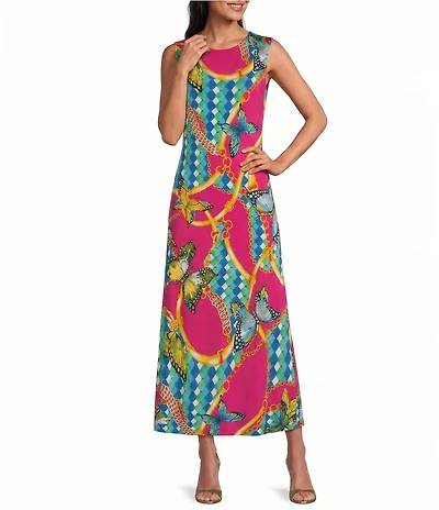 Eva Varro Knit Jersey Butterflies Ornamental Shapes Print Round Neck Sleeveless A-Line Maxi Dress