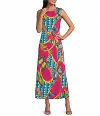 Eva Varro Knit Jersey Butterflies Ornamental Shapes Print Round Neck Sleeveless A-Line Maxi Dress