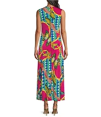 Eva Varro Knit Jersey Butterflies Ornamental Shapes Print Round Neck Sleeveless A-Line Maxi Dress