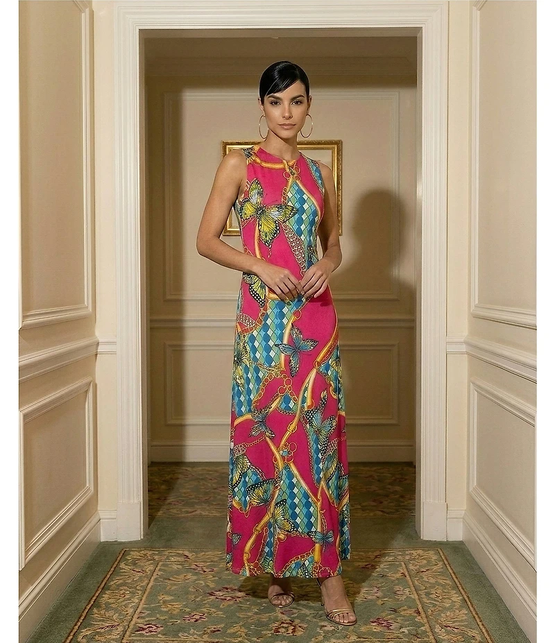 Eva Varro Knit Jersey Butterflies Ornamental Shapes Print Round Neck Sleeveless A-Line Maxi Dress