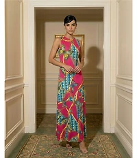 Eva Varro Knit Jersey Butterflies Ornamental Shapes Print Round Neck Sleeveless A-Line Maxi Dress