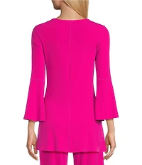 Eva Varro Knit Jersey Twist V-Neck 3/4 Bell Sleeve A-Line Flowy Tunic