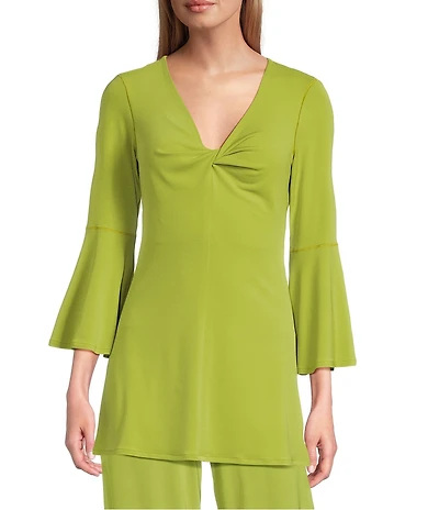 Eva Varro Knit Jersey Twist V-Neck 3/4 Bell Sleeve A-Line Flowy Tunic