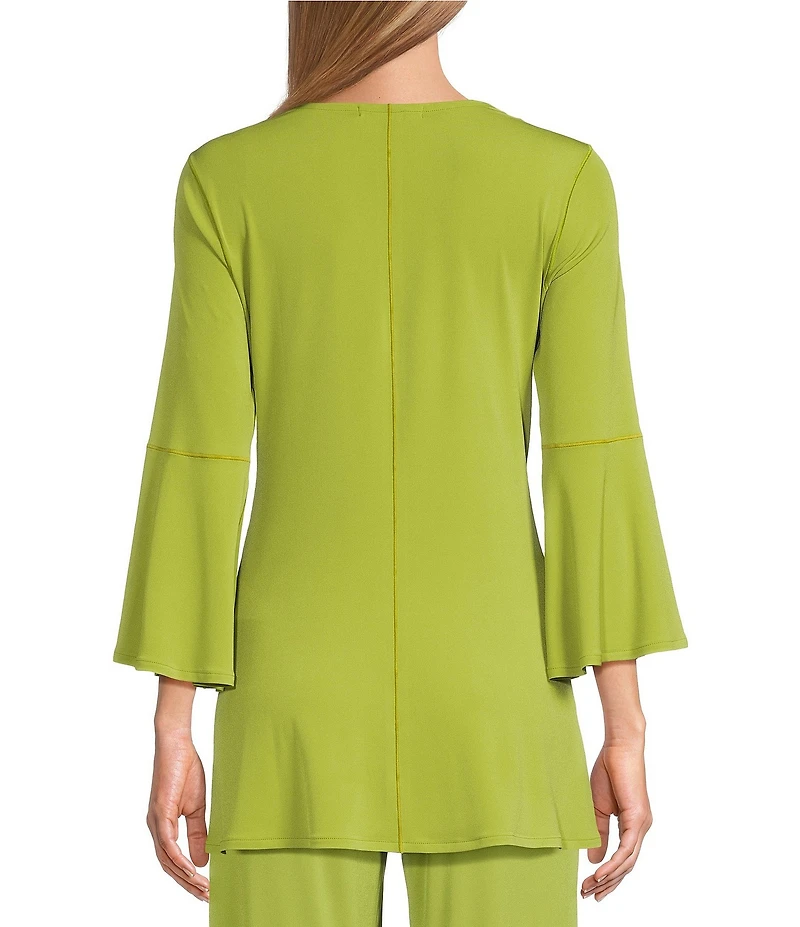 Eva Varro Knit Jersey Twist V-Neck 3/4 Bell Sleeve A-Line Flowy Tunic