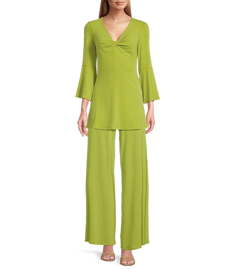 Eva Varro Knit Jersey Twist V-Neck 3/4 Bell Sleeve A-Line Flowy Tunic