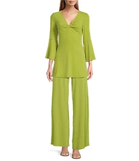 Eva Varro Knit Jersey Twist V-Neck 3/4 Bell Sleeve A-Line Flowy Tunic