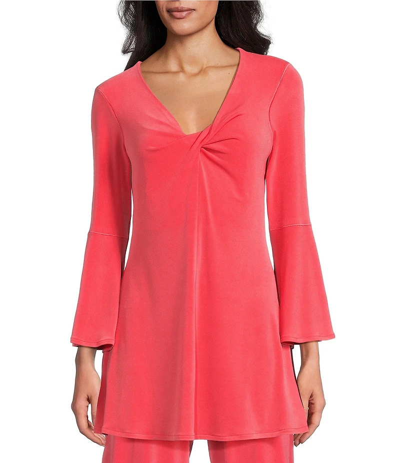 Eva Varro Knit Jersey Twist V-Neck 3/4 Bell Sleeve A-Line Flowy Tunic
