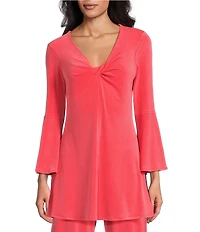 Eva Varro Knit Jersey Twist V-Neck 3/4 Bell Sleeve A-Line Flowy Tunic