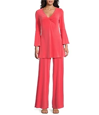 Eva Varro Knit Jersey Twist V-Neck 3/4 Bell Sleeve A-Line Flowy Tunic