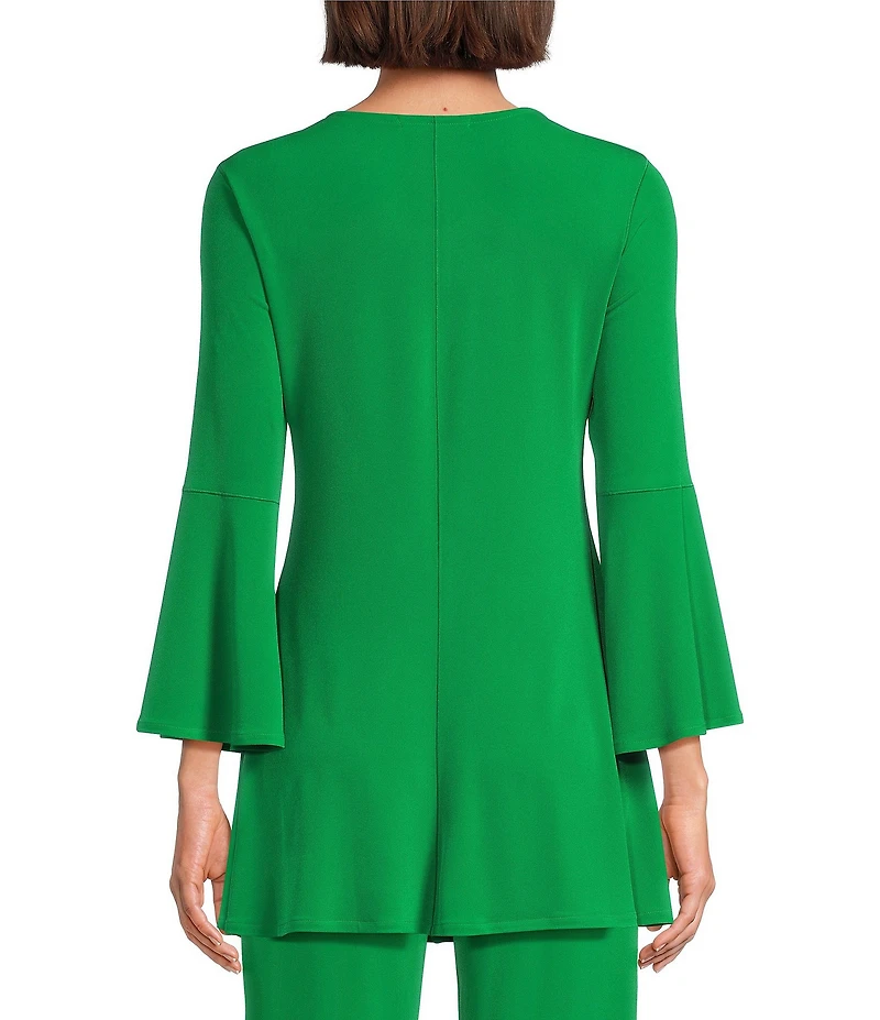 Eva Varro Knit Jersey Twist V-Neck 3/4 Bell Sleeve A-Line Flowy Tunic