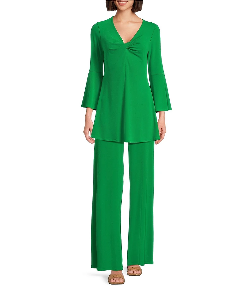 Eva Varro Knit Jersey Twist V-Neck 3/4 Bell Sleeve A-Line Flowy Tunic