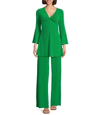 Eva Varro Knit Jersey Twist V-Neck 3/4 Bell Sleeve A-Line Flowy Tunic