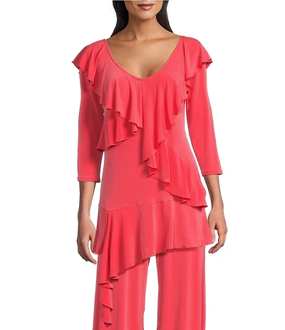 Eva Varro Knit Jersey V-Neck 3/4 Sleeve Asymmetric Ruffled Tunic