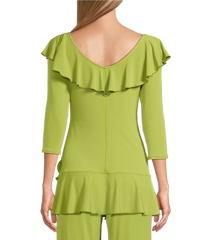 Eva Varro Knit Jersey V-Neck 3/4 Sleeve Asymmetric Ruffled Tunic