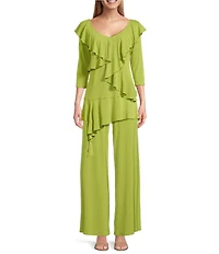 Eva Varro Knit Jersey V-Neck 3/4 Sleeve Asymmetric Ruffled Tunic
