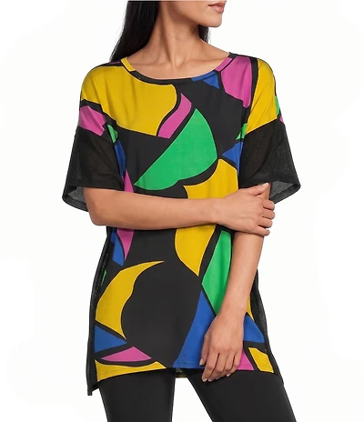 Eva Varro Knit Multi Color Abstract Print Boat Neck Dropped Shoulder Square Banded Tunic