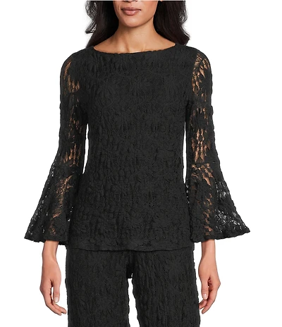 Eva Varro Lace Knit Boat Neck Long Bell Sleeve Top