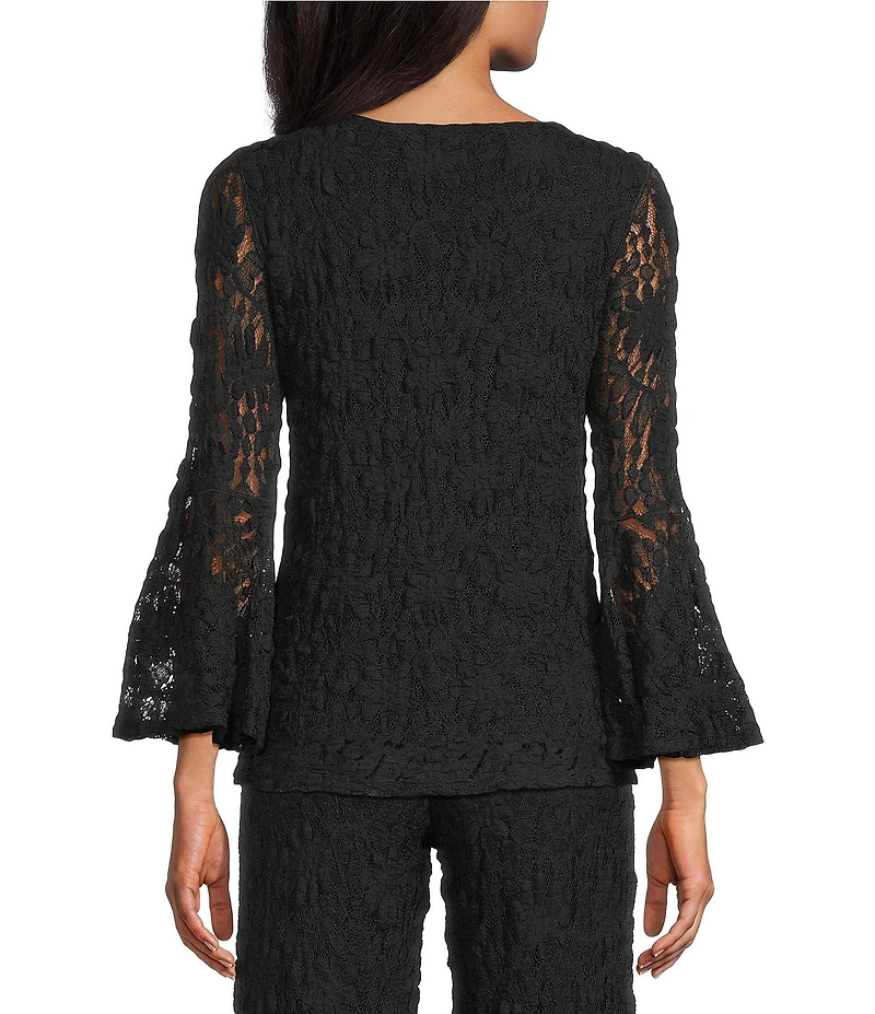 Eva Varro Lace Knit Boat Neck Long Bell Sleeve Top