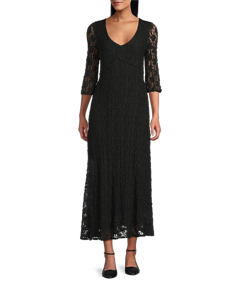 Eva Varro Lace Knit V-Neck 3/4 Bell Sleeve A-Line Maxi Dress