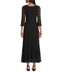 Eva Varro Lace Knit V-Neck 3/4 Bell Sleeve A-Line Maxi Dress