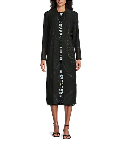 Eva Varro Mesh Knit Shawl Collar Long Sleeve Open-Front Long Cardigan