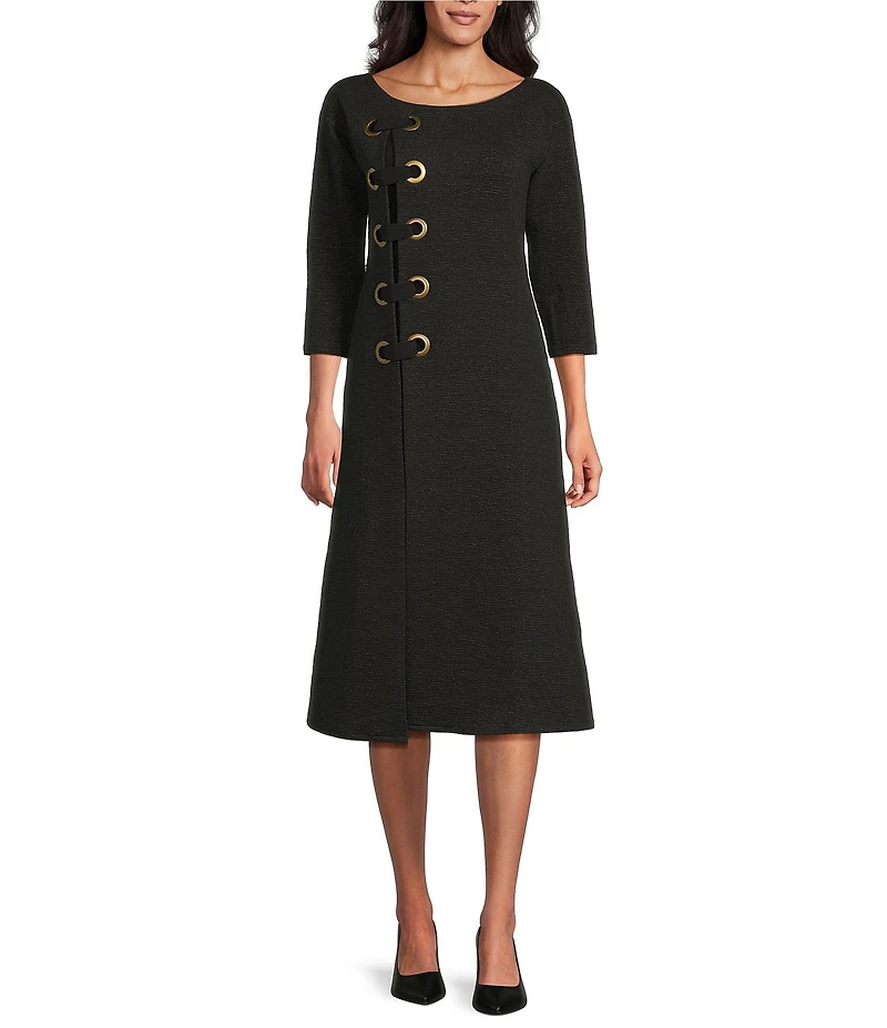 Eva Varro Metallic Jacquard Boat Neck 3/4 Sleeve Midi Dress