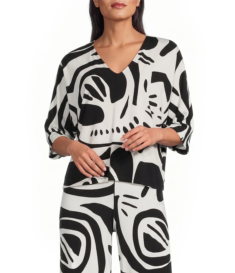 Eva Varro Printed V-Neck Elbow Sleeve Coordinating Kaftan Top