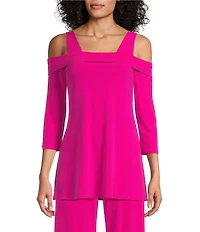 Eva Varro Solid Knit Jersey Off-the-Shoulder Wide Shoulder Strap 3/4 Sleeve Tunic