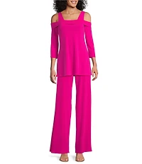 Eva Varro Solid Knit Jersey Off-the-Shoulder Wide Shoulder Strap 3/4 Sleeve Tunic