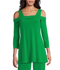Eva Varro Solid Knit Jersey Off-the-Shoulder Wide Shoulder Strap 3/4 Sleeve Tunic
