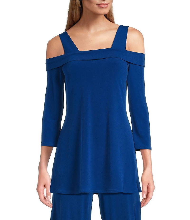 Eva Varro Solid Knit Jersey Off-the-Shoulder Wide Shoulder Strap 3/4 Sleeve Tunic