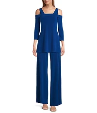 Eva Varro Solid Knit Jersey Off-the-Shoulder Wide Shoulder Strap 3/4 Sleeve Tunic