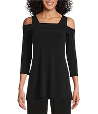 Eva Varro Solid Knit Jersey Off-the-Shoulder Wide Shoulder Strap 3/4 Sleeve Tunic