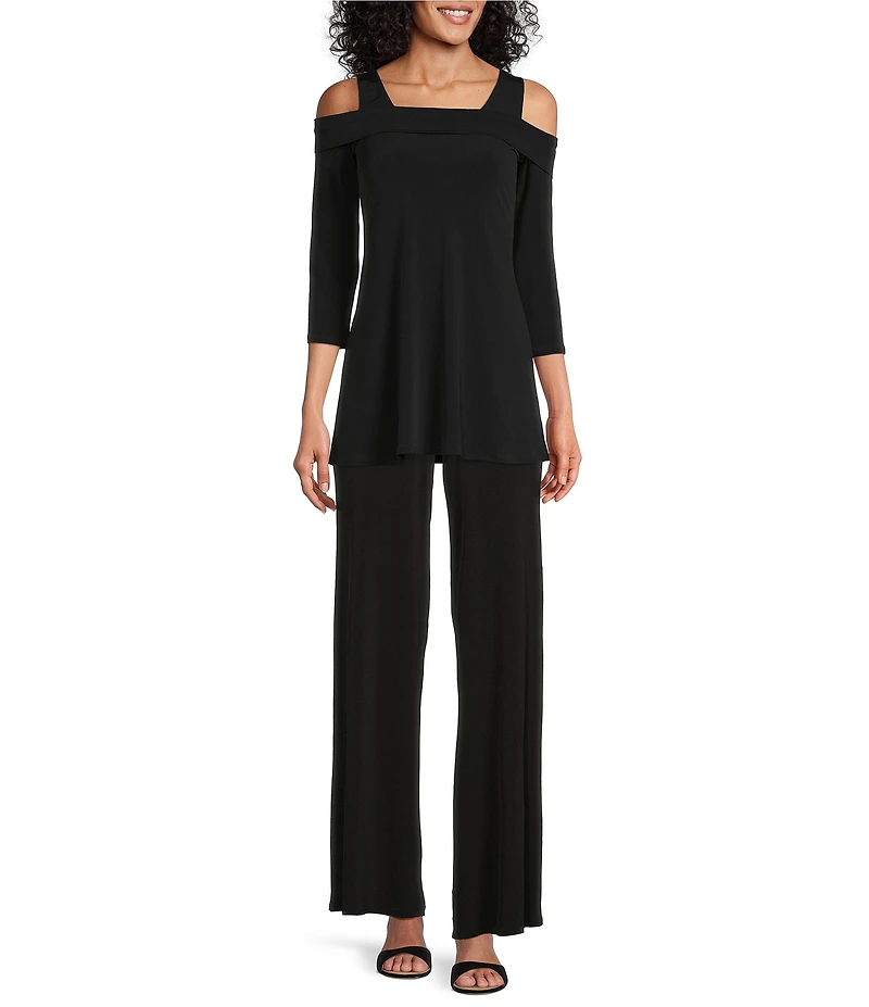 Eva Varro Solid Knit Jersey Off-the-Shoulder Wide Shoulder Strap 3/4 Sleeve Tunic