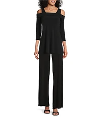 Eva Varro Solid Knit Jersey Off-the-Shoulder Wide Shoulder Strap 3/4 Sleeve Tunic