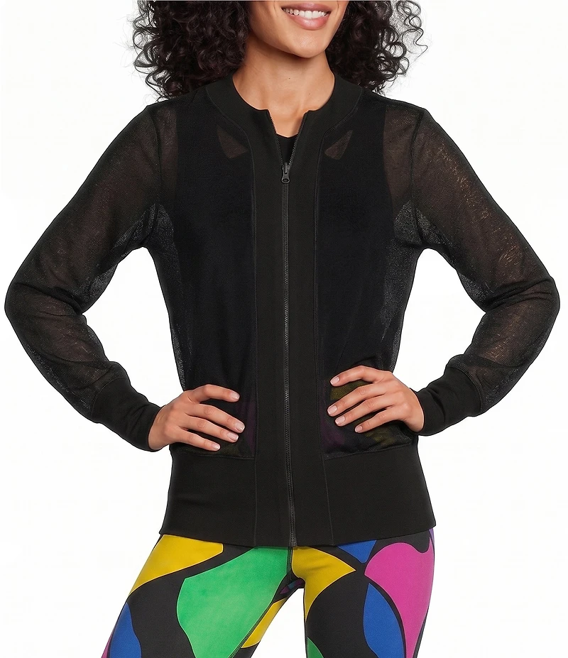 Eva Varro Textured Mesh Knit Round Neck Long Sleeve Zip-Front Jacket