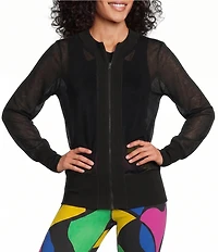 Eva Varro Textured Mesh Knit Round Neck Long Sleeve Zip-Front Jacket