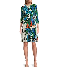 Eva Varro Tropical Inspired Print Boat Neck 3/4 Sleeve Blouson Drop Waist Dress