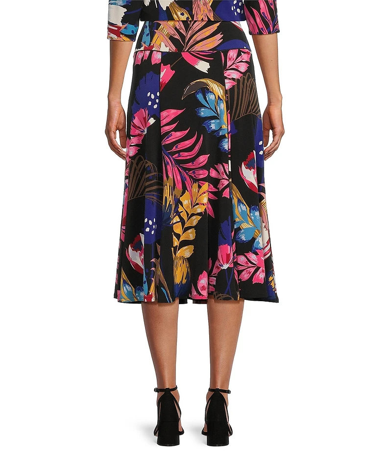 Eva Varro Tropical Print Knit Jersey Elastic Waist A-Line Midi Skirt